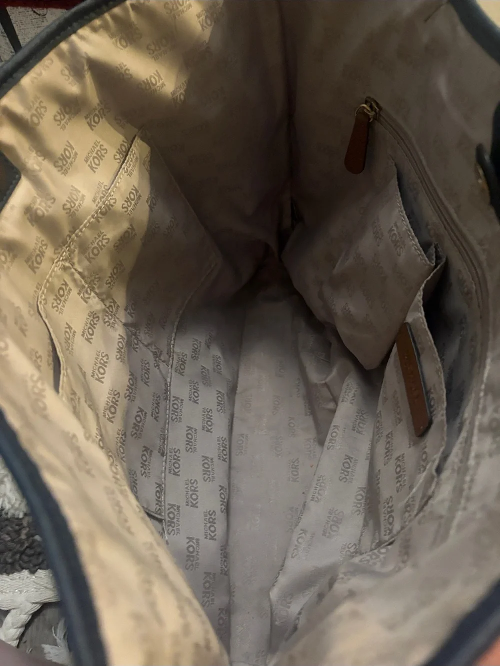 Michael Kors Navy and White Striped Shoulder Tote with Brown Handle